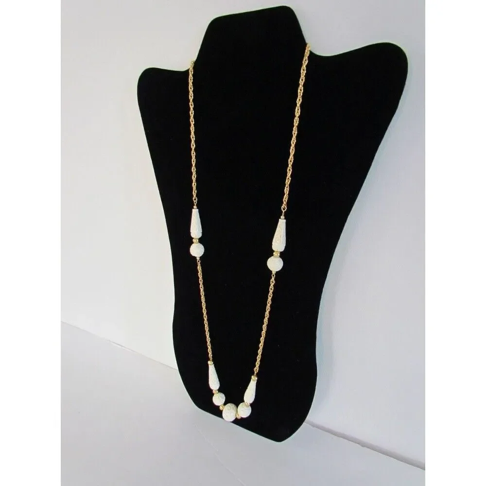 Vintage 60s Crown Trifari Sautoir Necklace Carved Faux Ivory  Gold Tone